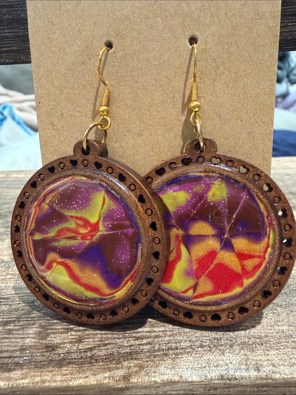 Wooden Drop Earrings with Multicolor Resin Inlay - Purple, Yellow & Red